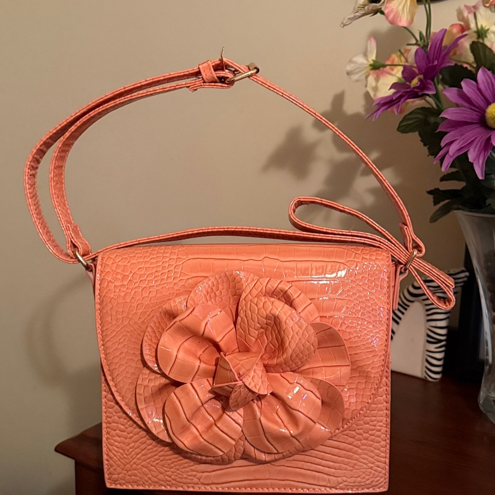 Orange Croc-Embossed Bag with Flower Accent